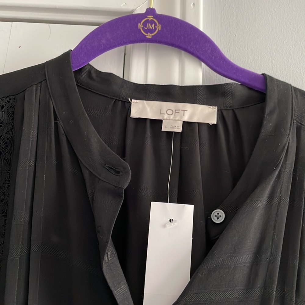 NWT LOFT Black Stitch-Detail Textured Stripe Button-Up Long Sleeve Tunic Top - Picture 8 of 12